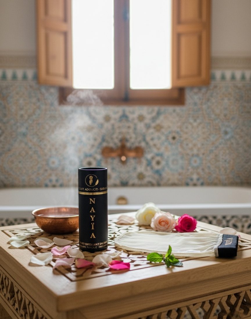 salle de bain avec sur la table les produits nayia photo de loin