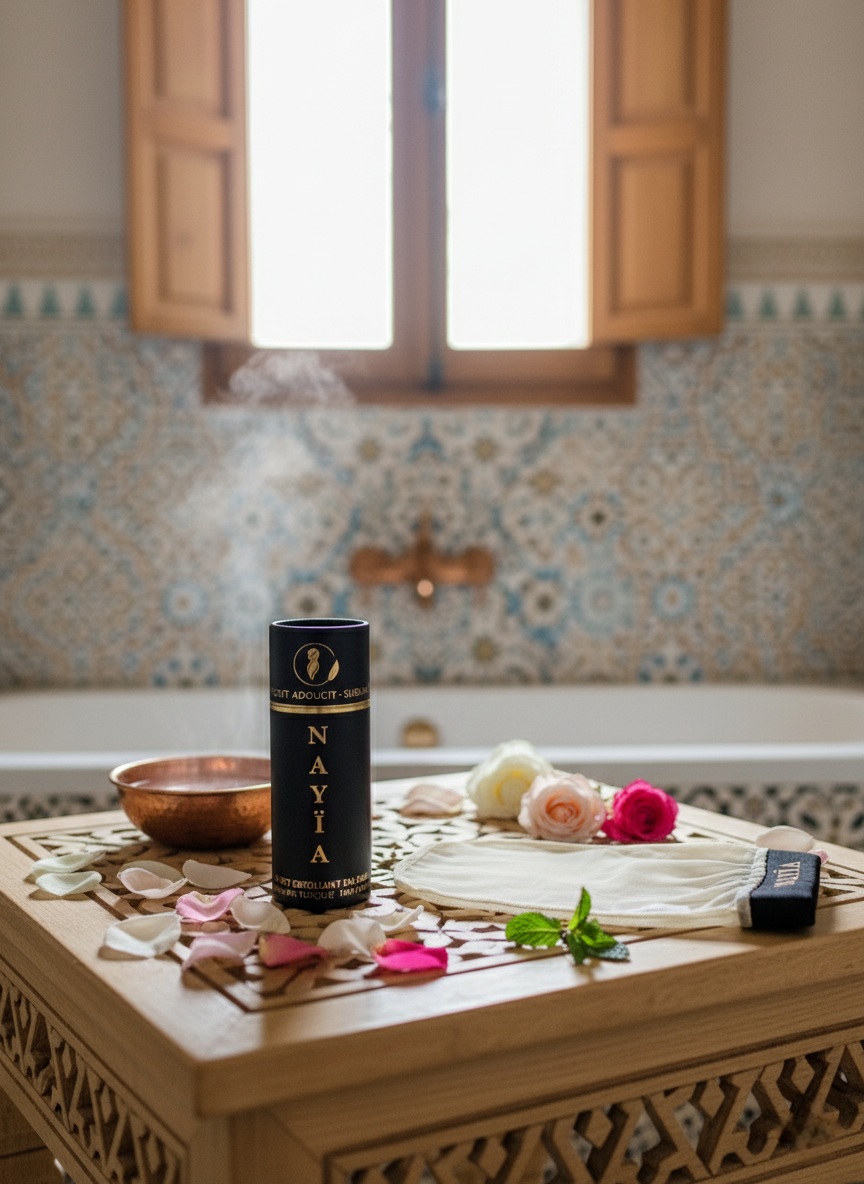 salle de bain avec sur la table les produits nayia photo de loin