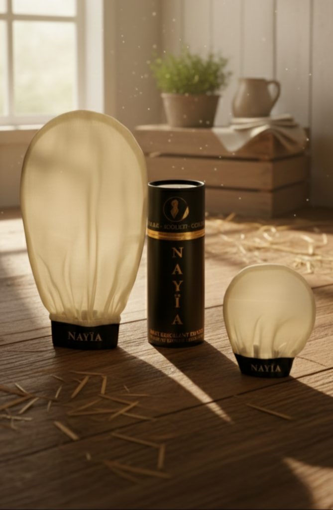 Le duo Nayïa réunit le gant visage et le gant corps en soie de mûrier