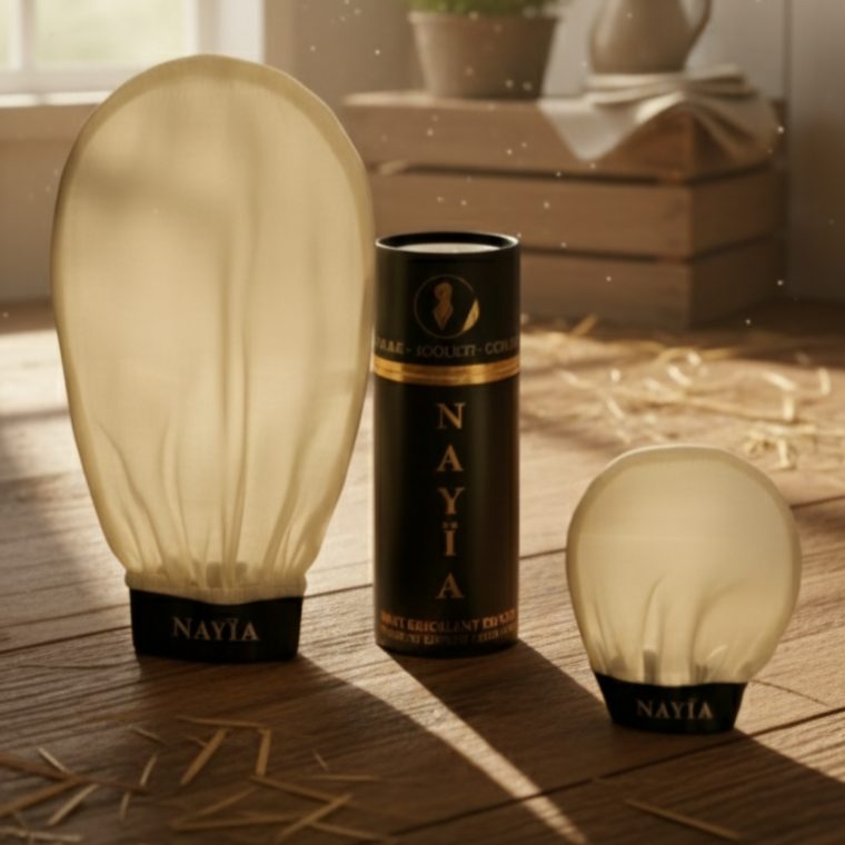 Le duo Nayïa réunit le gant visage et le gant corps en soie de mûrier