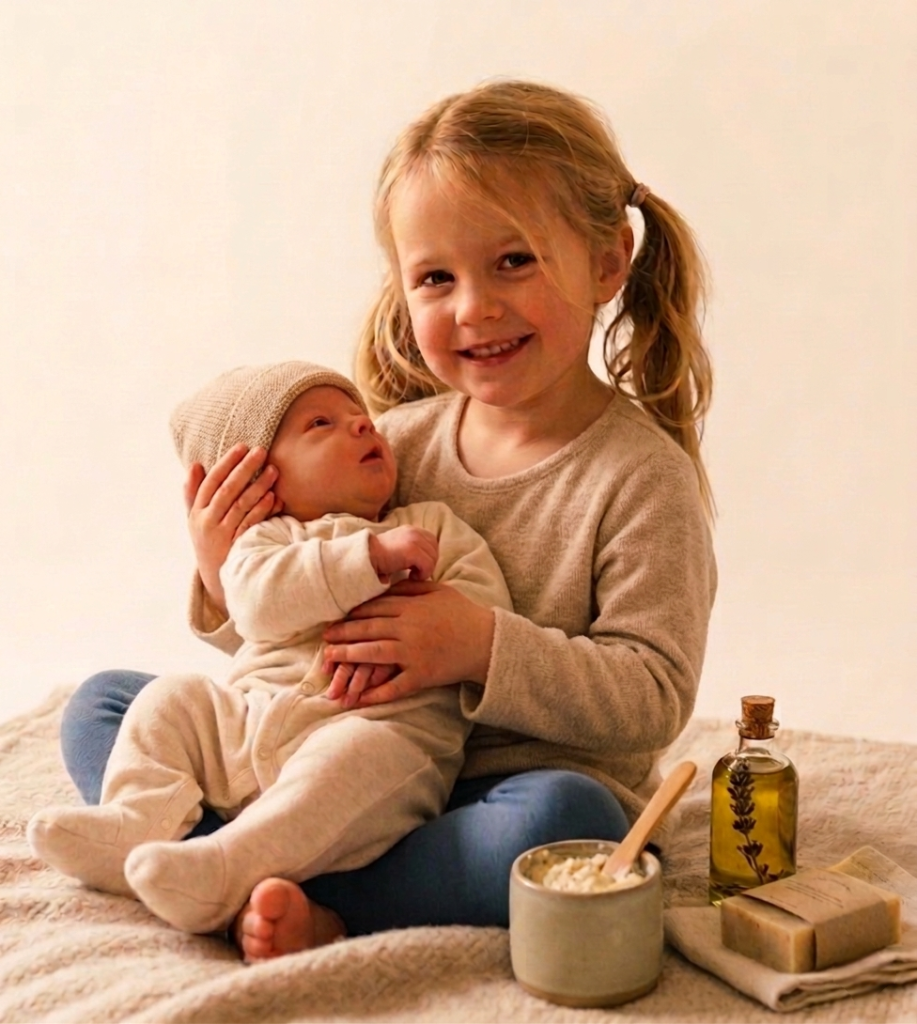 fille et son petit frere à coter de produits cosmétiques naturelles