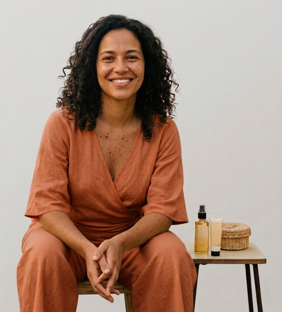 dame souriante a coter des produits cosmétiques