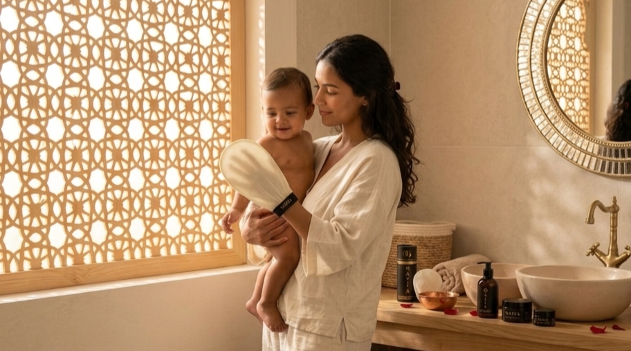 maman et son bébé tenant un gant corps exfoliant nayïa